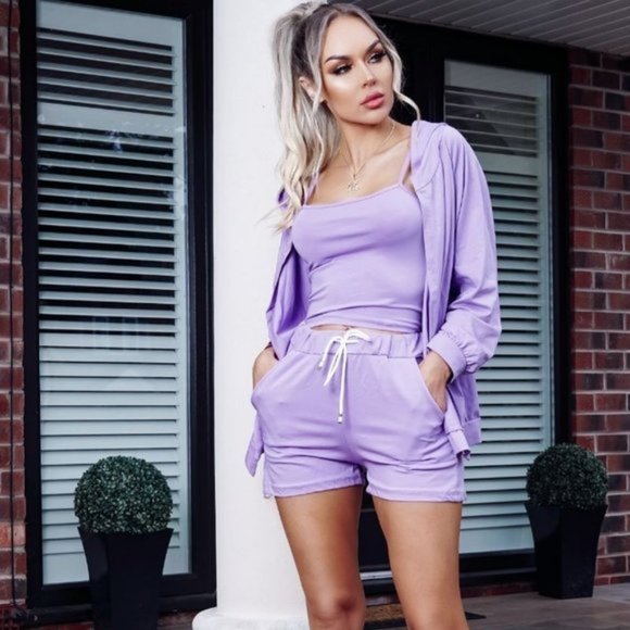 Tops - Purple Sleeveless Crop Top Shorts and Hoodie Three Piece Set